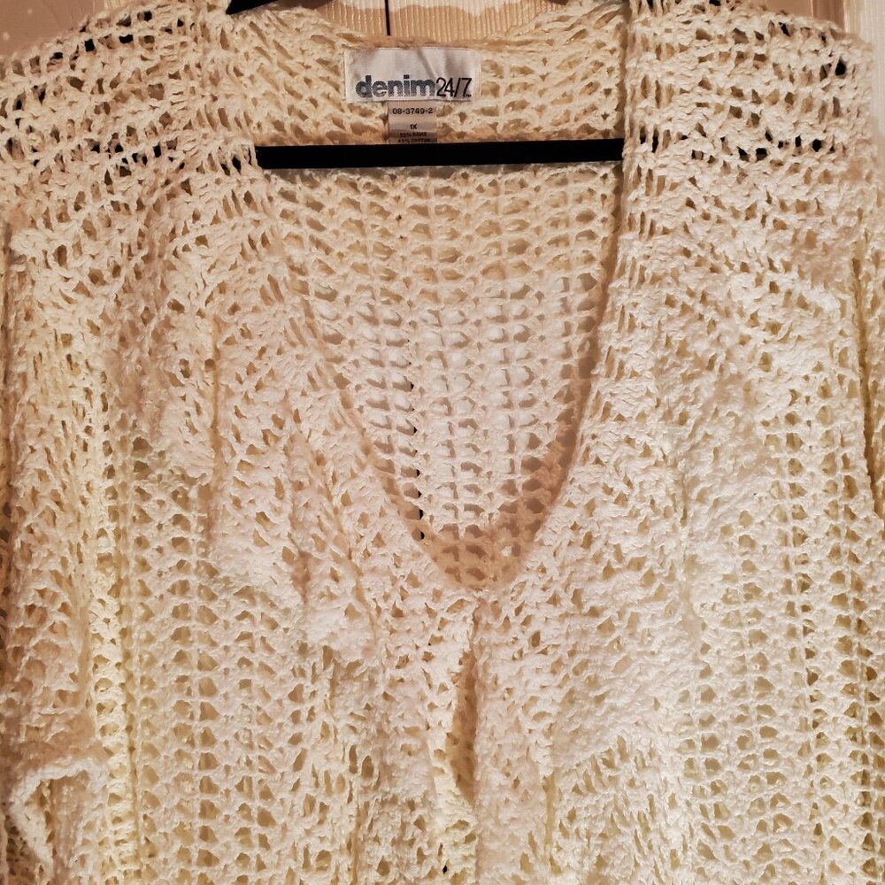 NEW Denim 24/7 Ruffle Neck Bell Sleeve Crochet Cardigan Ivory Size XL Hook Close - Picture 3 of 5